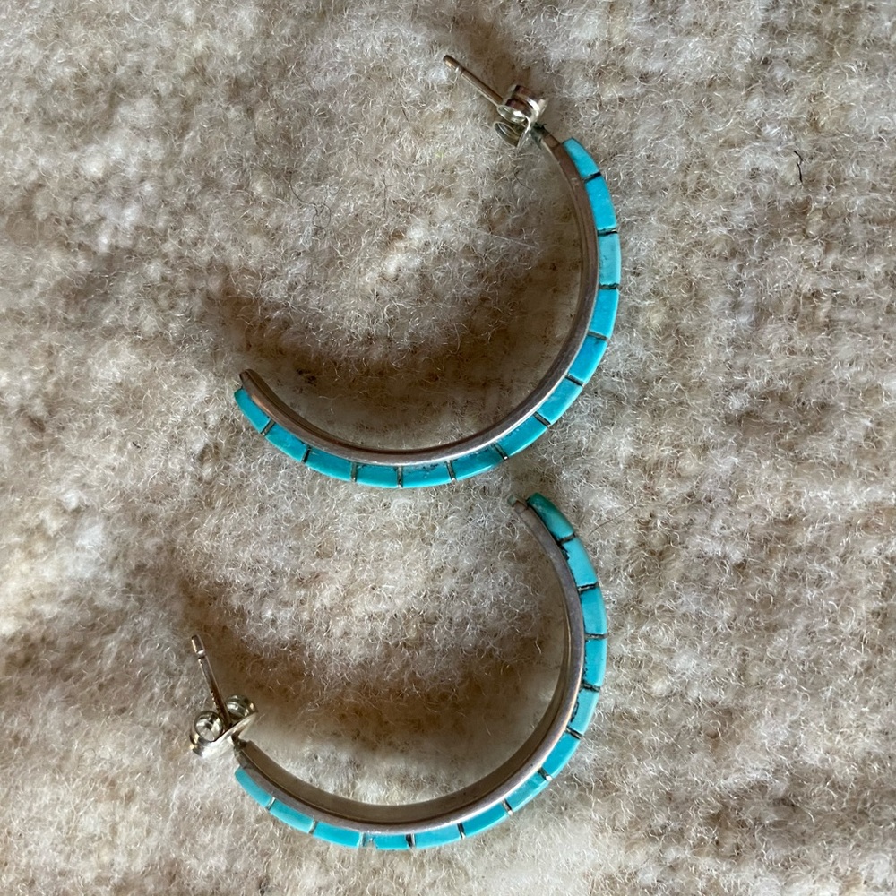 Hand-crafted Turquoise & Silver Semi-Hoops